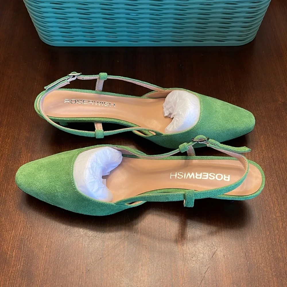 NWOT ROSERWISH Cute Square Toe Slingback Suede Kitten Low Heel, Green - SZ 9 - Picture 5 of 7